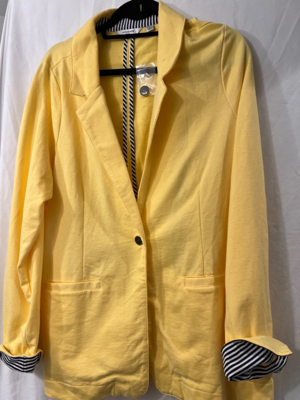 Liz Claiborne Yellow Stretchy Jacket with Black and Whiite Stripes on Cuffs XL